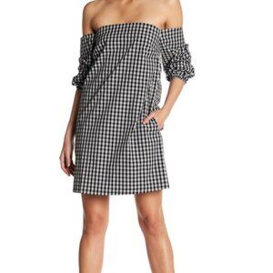 1.State Off the Shoulder Plaid Gingham Dress Black
